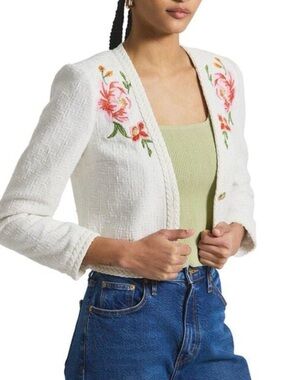 10 Crosby Derek Lam White Cropped Cardigan with Pink Floral Embroidery